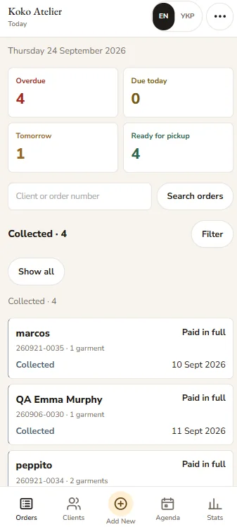 Lista móvil de pedidos de Koko Atelier organizada por estado.